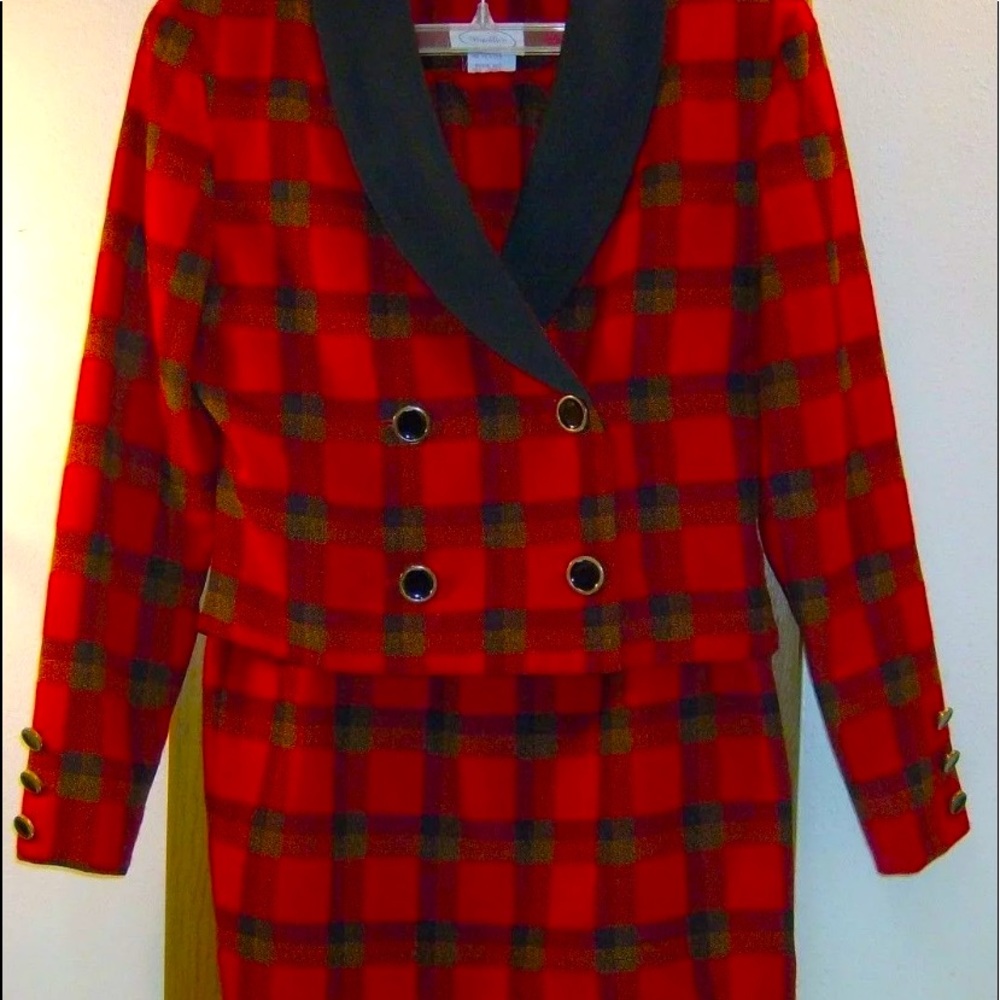Vintage Red Black Gold Plaid Jacket Skirt Suit Set
